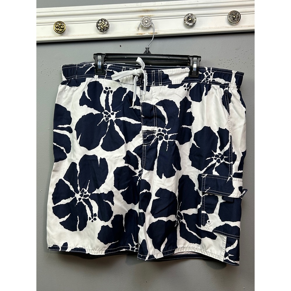 Breakwater Swim Trunks Mens XL Blue Floral Hibiscus‎ Board Shorts Cargo Pocket